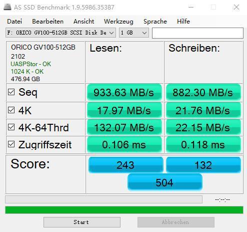 AS SSD Benchmark test reading speed 933mb