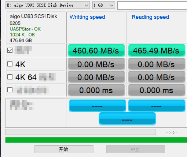 OTG USB AS SSD Benchmark test speed reaches 465mb per secend